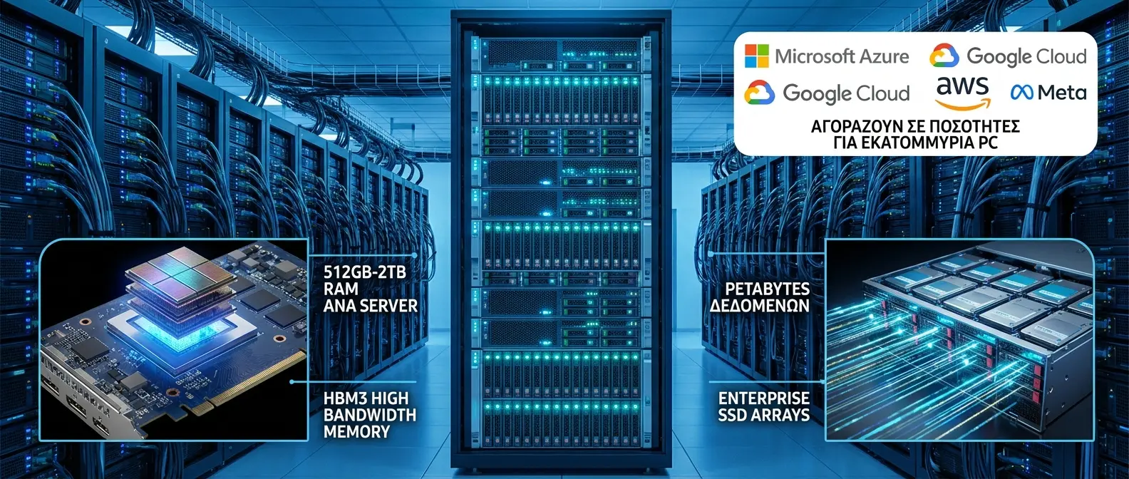 Modern AI data center requiring 512GB-2TB RAM modules and enterprise SSDs