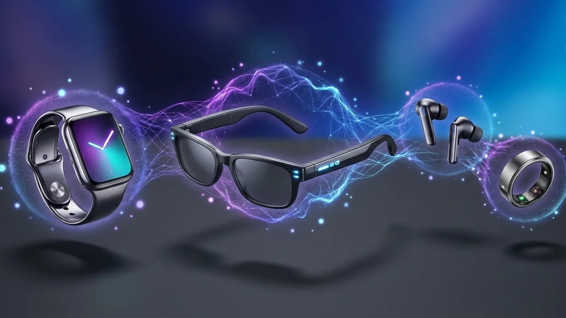 AI wearables 2026 συλλογή με smartwatches, γυαλιά και ακουστικά τεχνητής νοημοσύνης