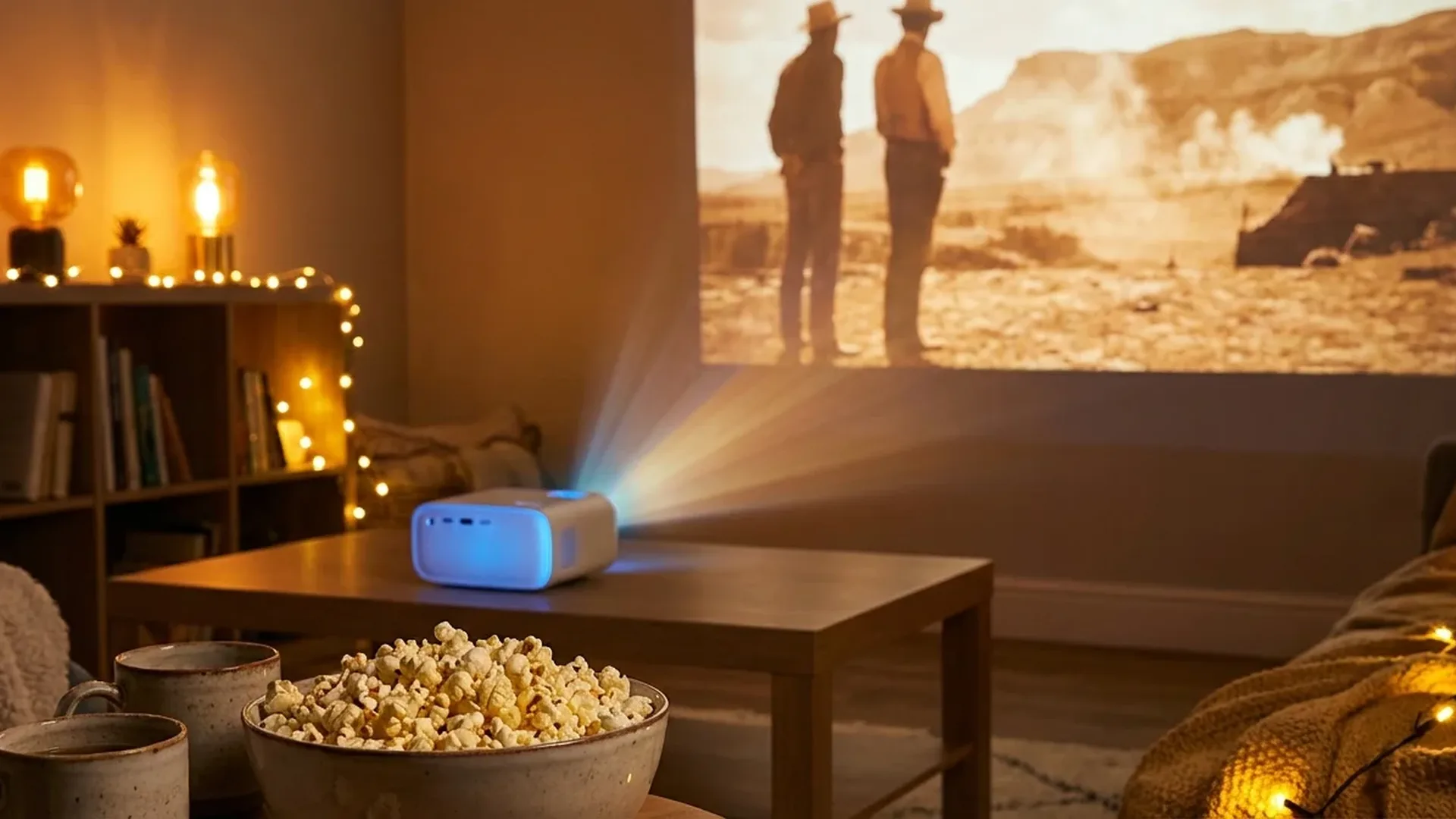 Android projector σε σκοτεινό δωμάτιο προβάλλει ταινία σε μεγάλη οθόνη με έντονα χρώματα