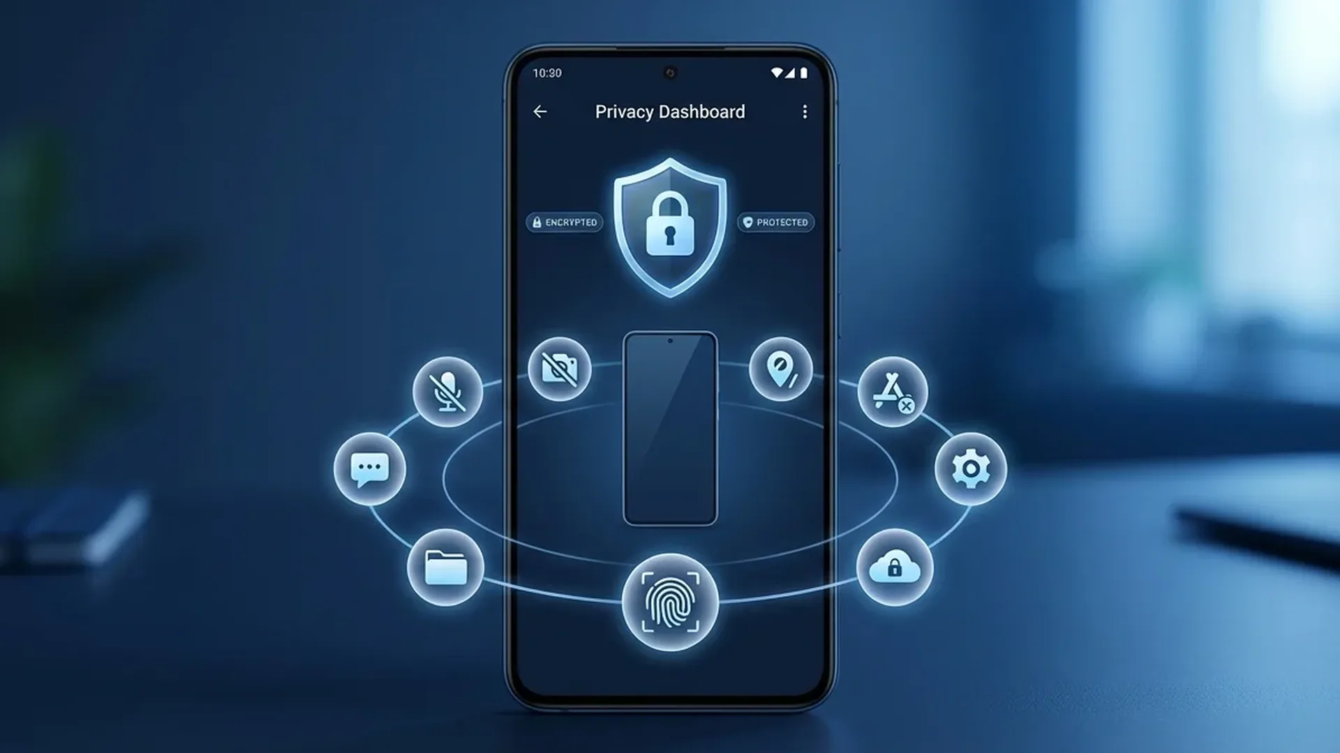 Οθόνη Android με μενού ρυθμίσεων ιδιωτικότητας και εικονίδια ασφαλείας