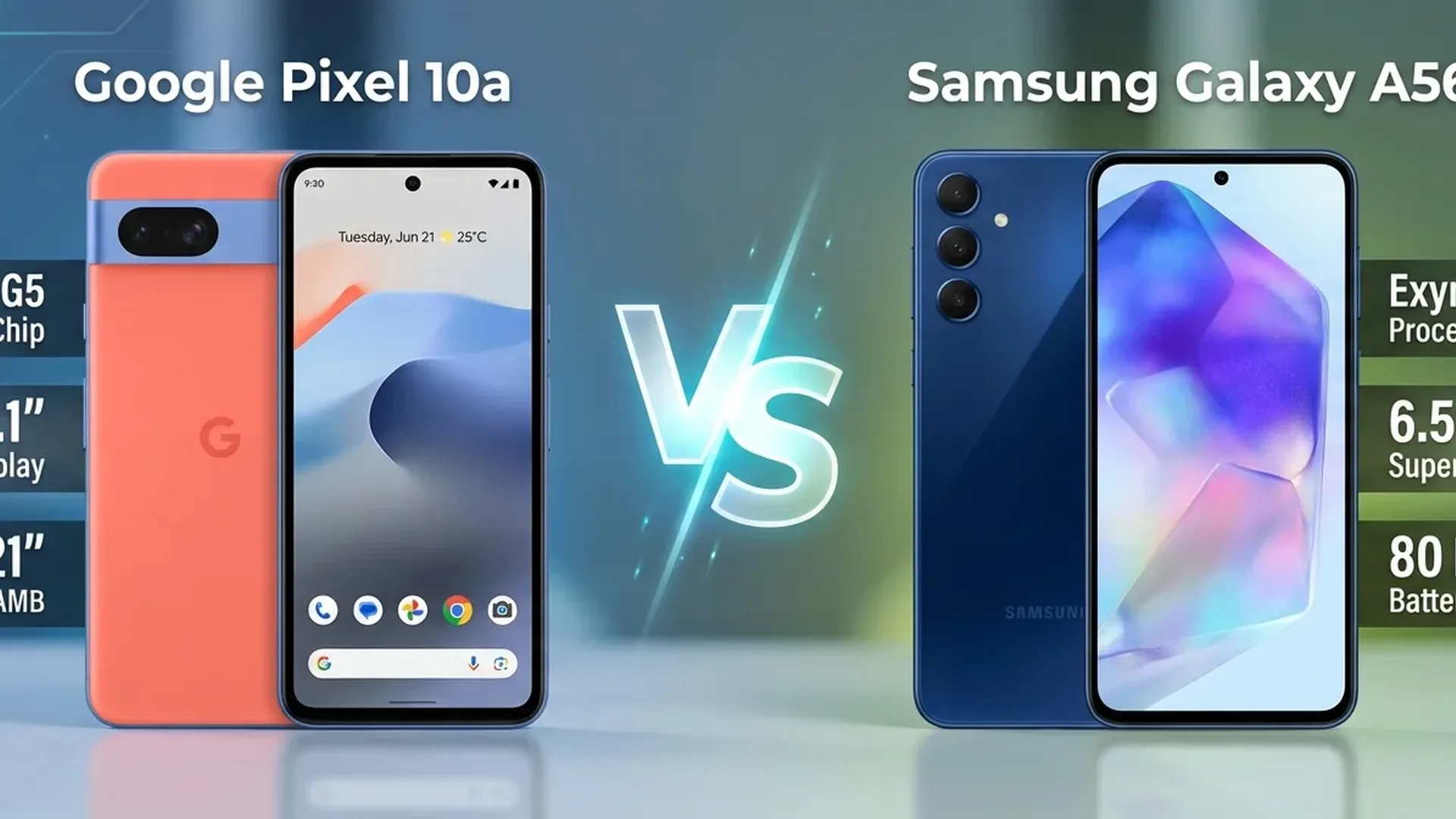 Σύγκριση Google Pixel 10a και Samsung Galaxy A56 δίπλα-δίπλα με τεχνικά χαρακτηριστικά