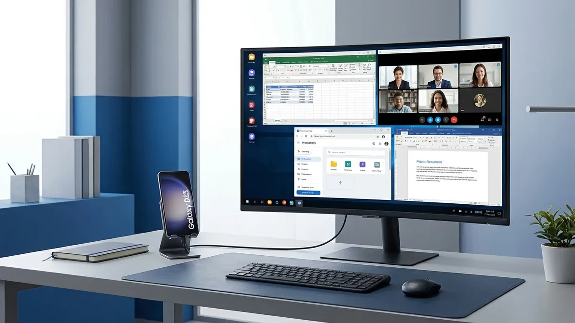 Samsung DeX 2026 interface με desktop περιβάλλον και εφαρμογές σε Galaxy smartphone