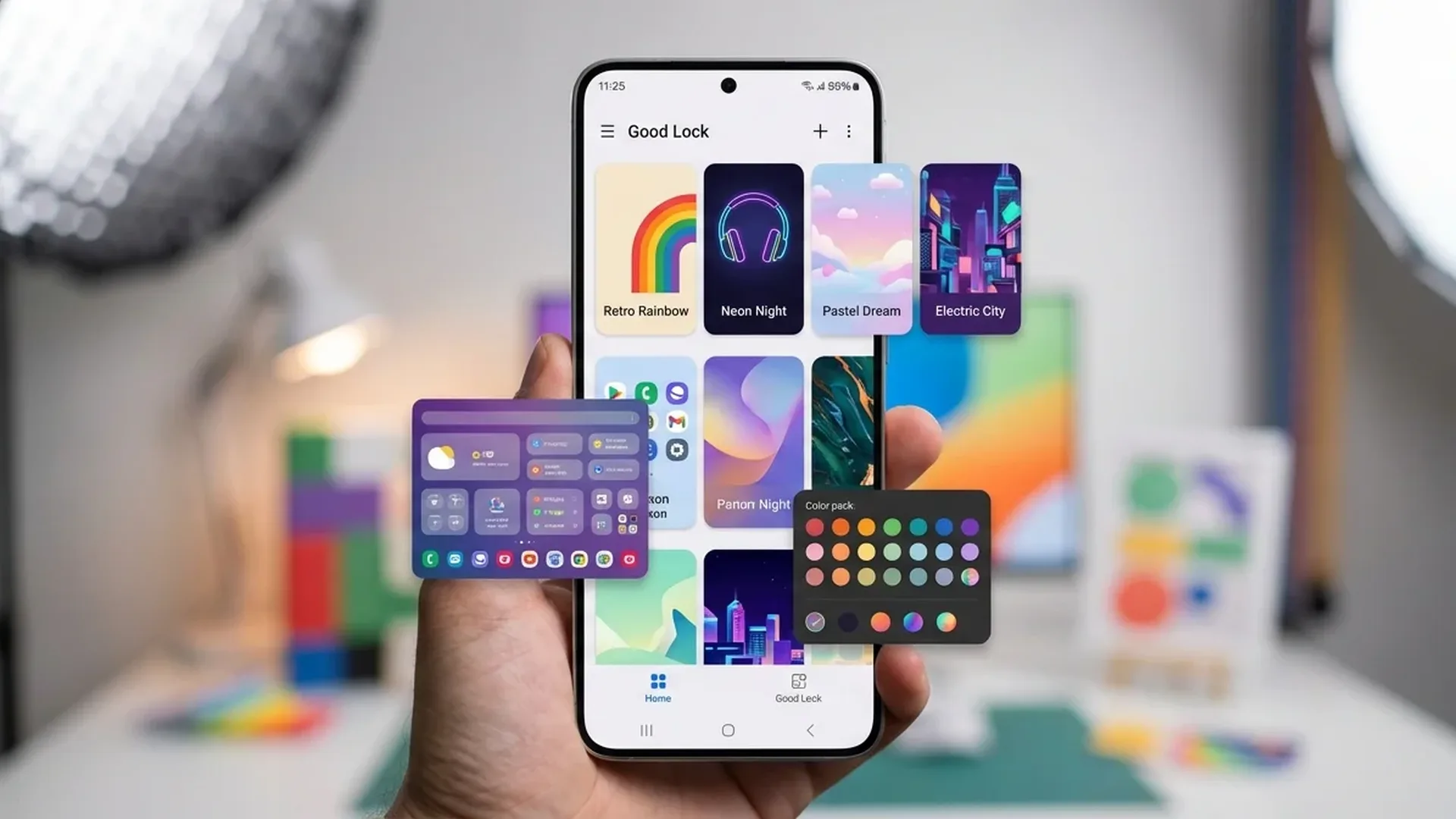 Samsung Good Lock app interface showing customization modules and One UI theme options on Galaxy device