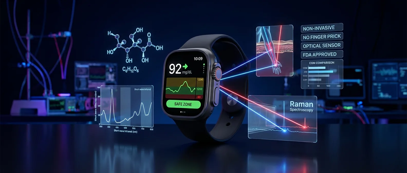Apple Watch displaying glucose monitoring interface with Project E5 technology demonstration