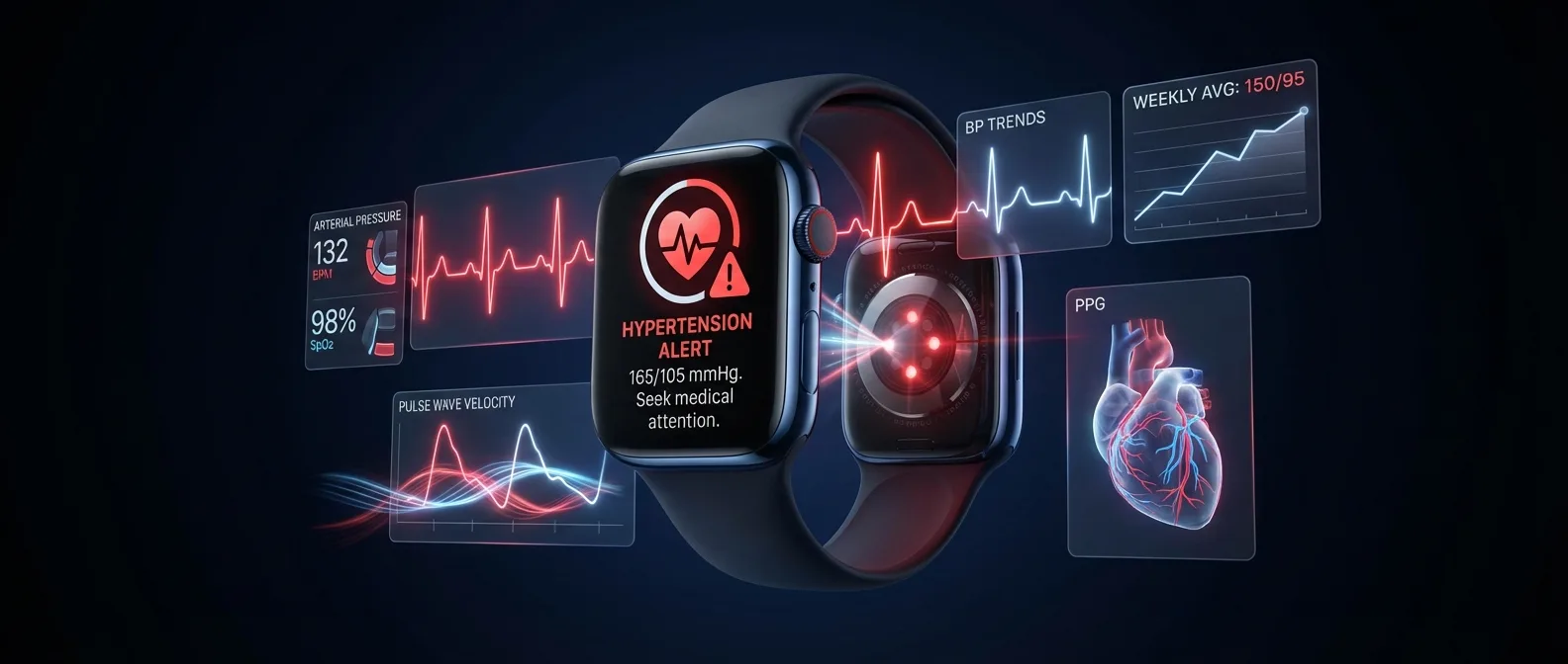 Apple Watch displaying hypertension alert notification on wrist with health app interface