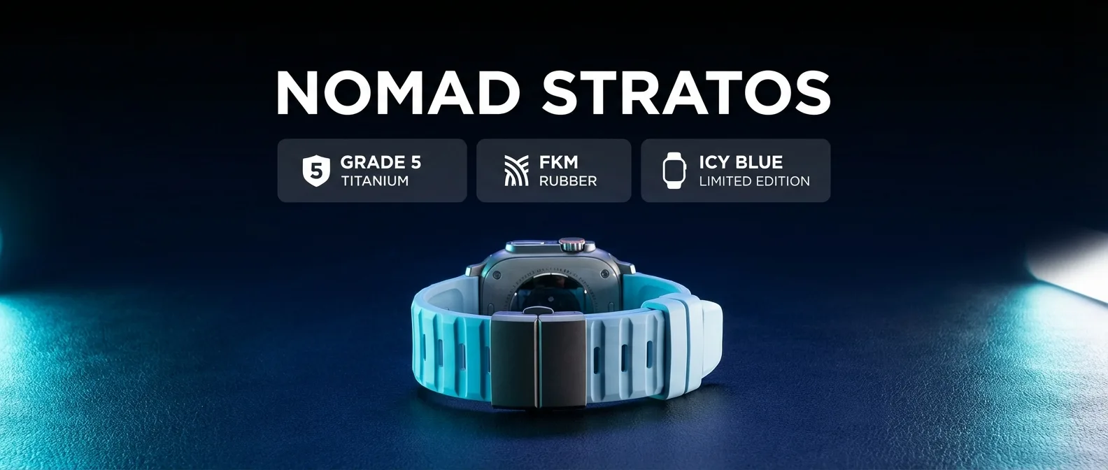 Nomad Stratos Band Icy Blue on Apple Watch showing titanium and FKM rubber construction