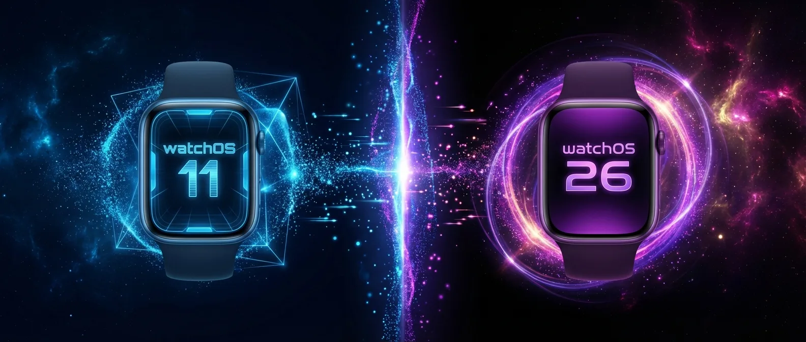 Side-by-side comparison of watchOS 26 and watchOS 11 interface showing new features and design changes on Apple Watch screens