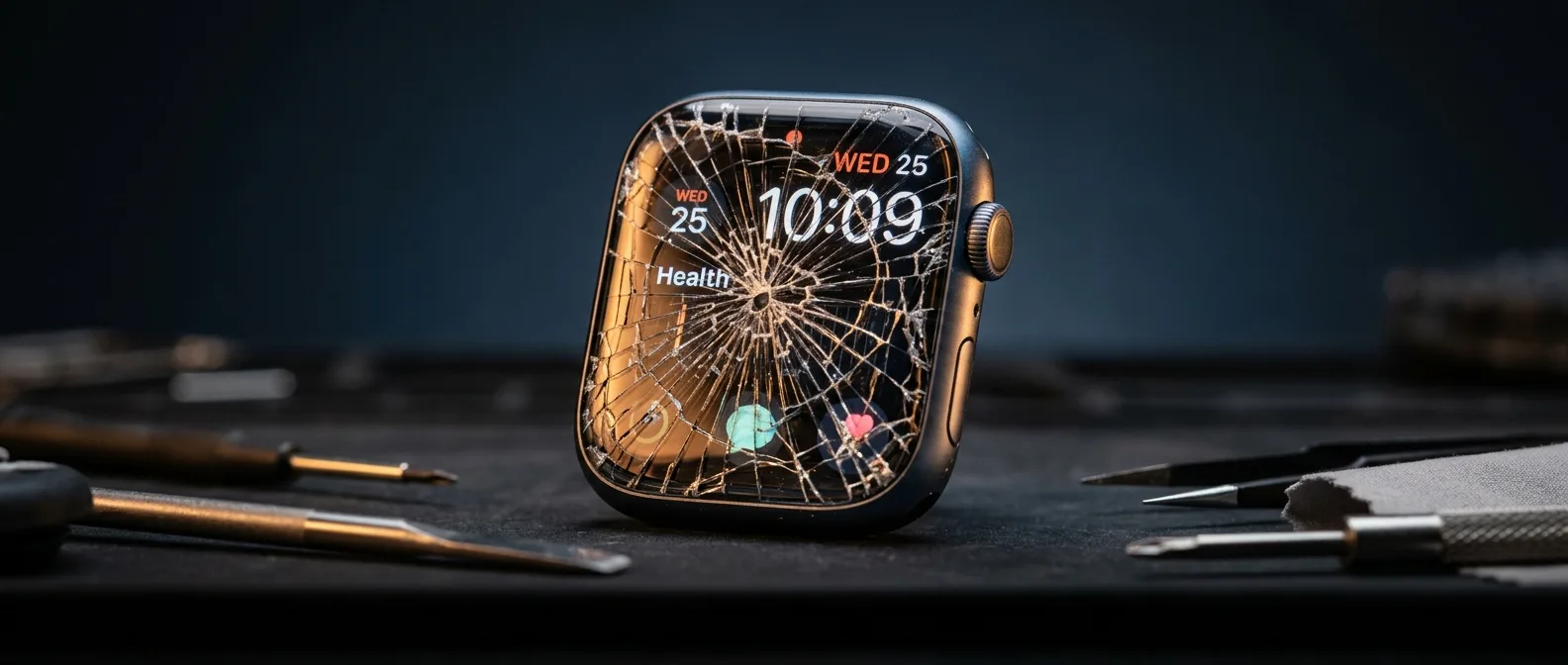 Apple Watch screen replacement service at OnOff.gr repair shop on Ioulianou 50 in Athens showing cracked display
