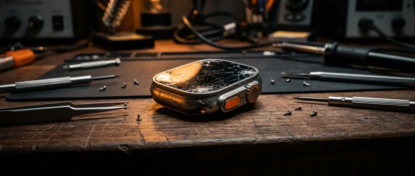 Apple Watch Ultra 2 disassembled showing cracked screen and battery replacement process