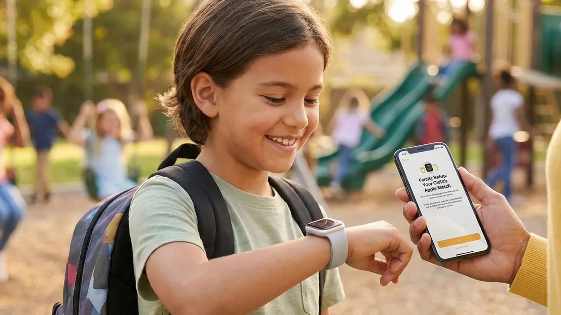 Γονέας που ρυθμίζει Apple Watch με Family Setup για το παιδί του μέσω iPhone
