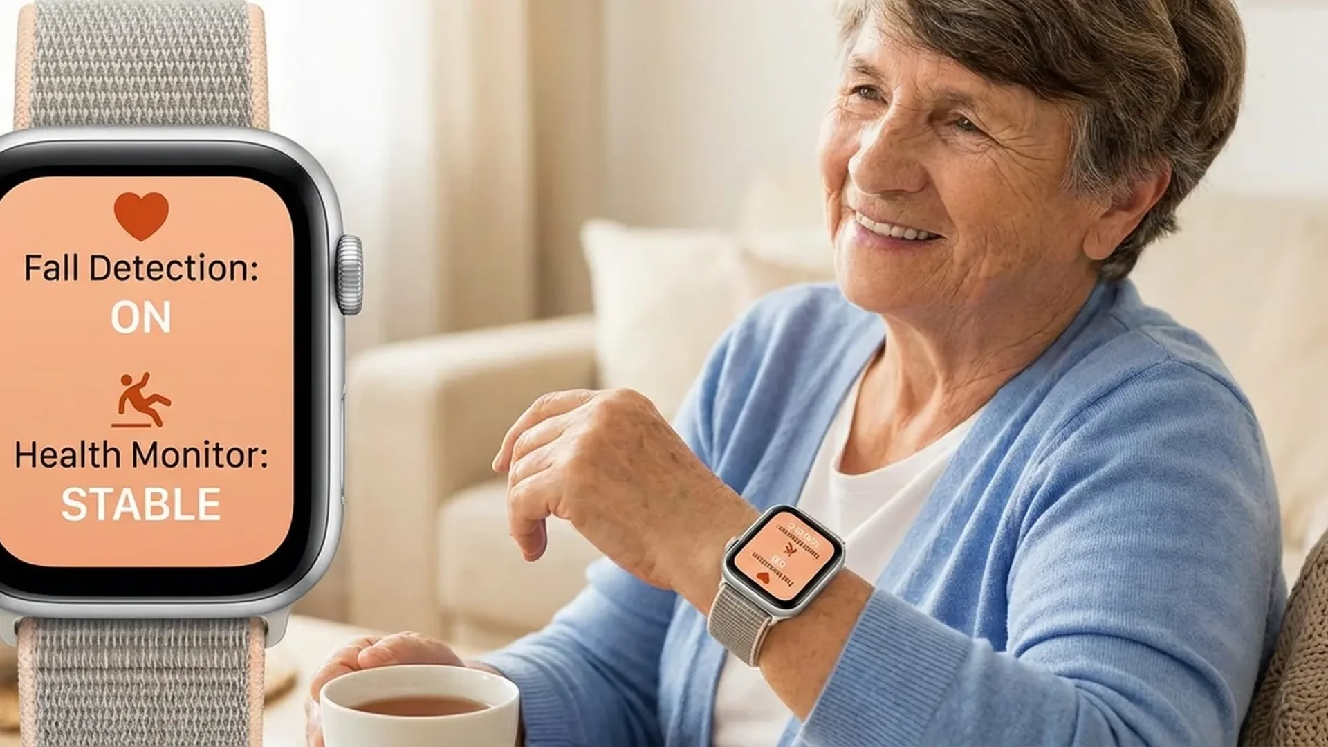 Ηλικιωμένος με Apple Watch που εμφανίζει λειτουργίες υγείας και ασφάλειας