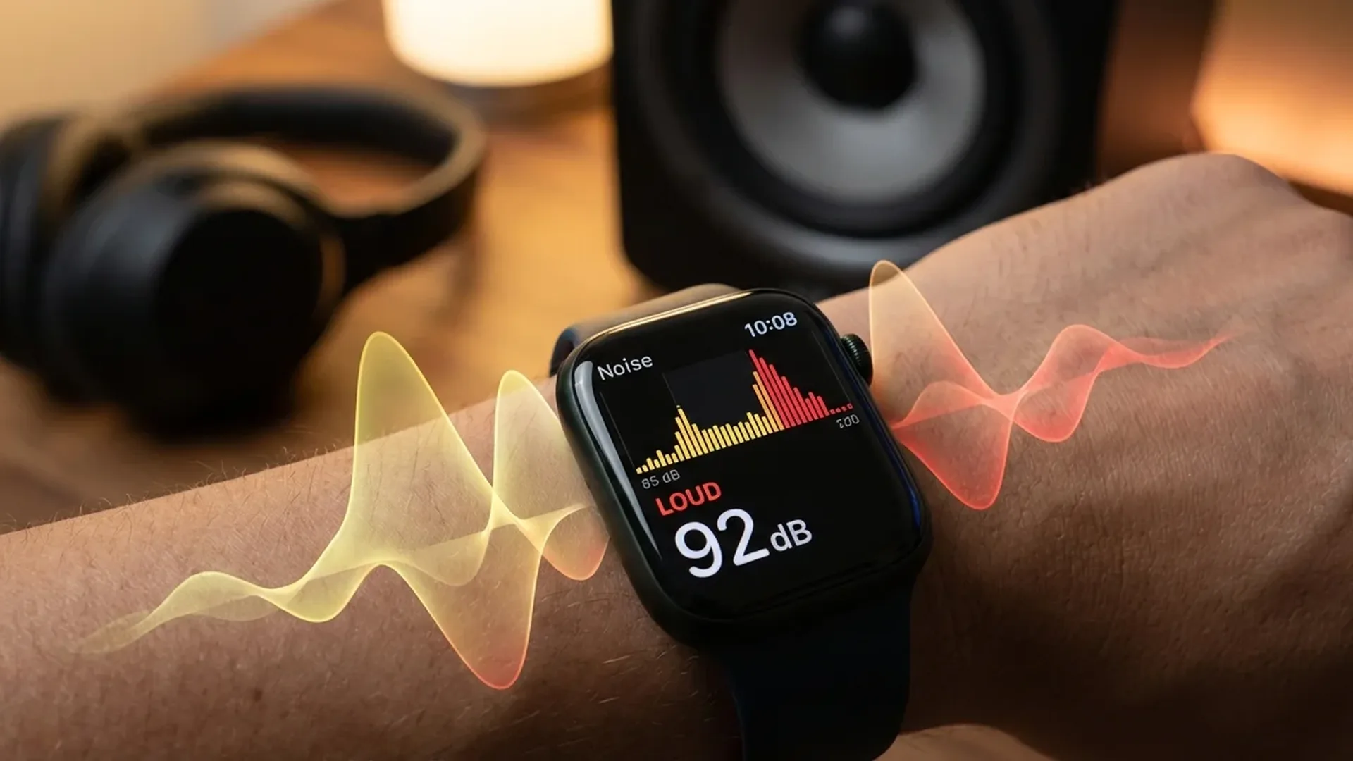 Apple Watch Noise app interface showing real-time decibel readings and hearing protection alerts