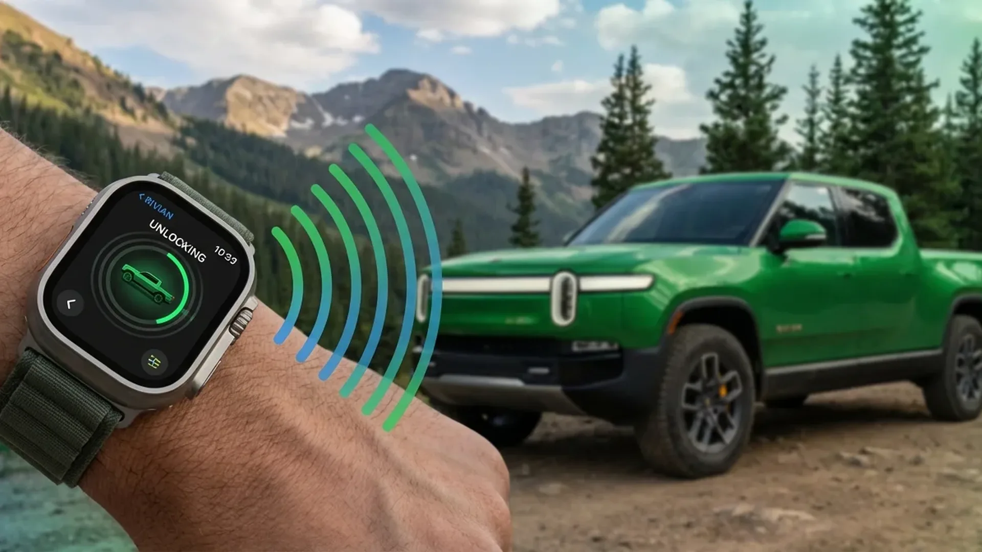 Rivian App interface στο Apple Watch που δείχνει τις επιλογές ψηφιακού κλειδιού αυτοκινήτου