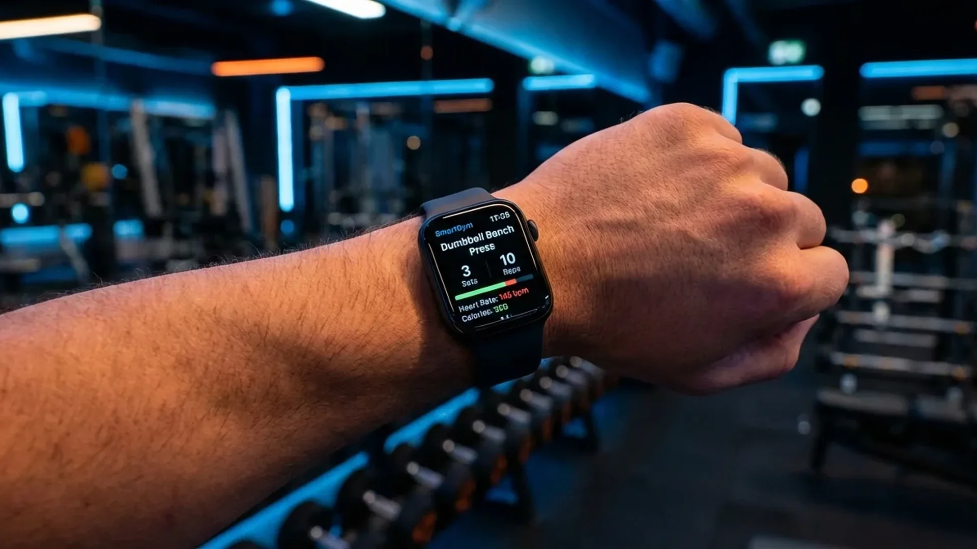 SmartGym app interface showing workout exercises and Apple Watch integration features