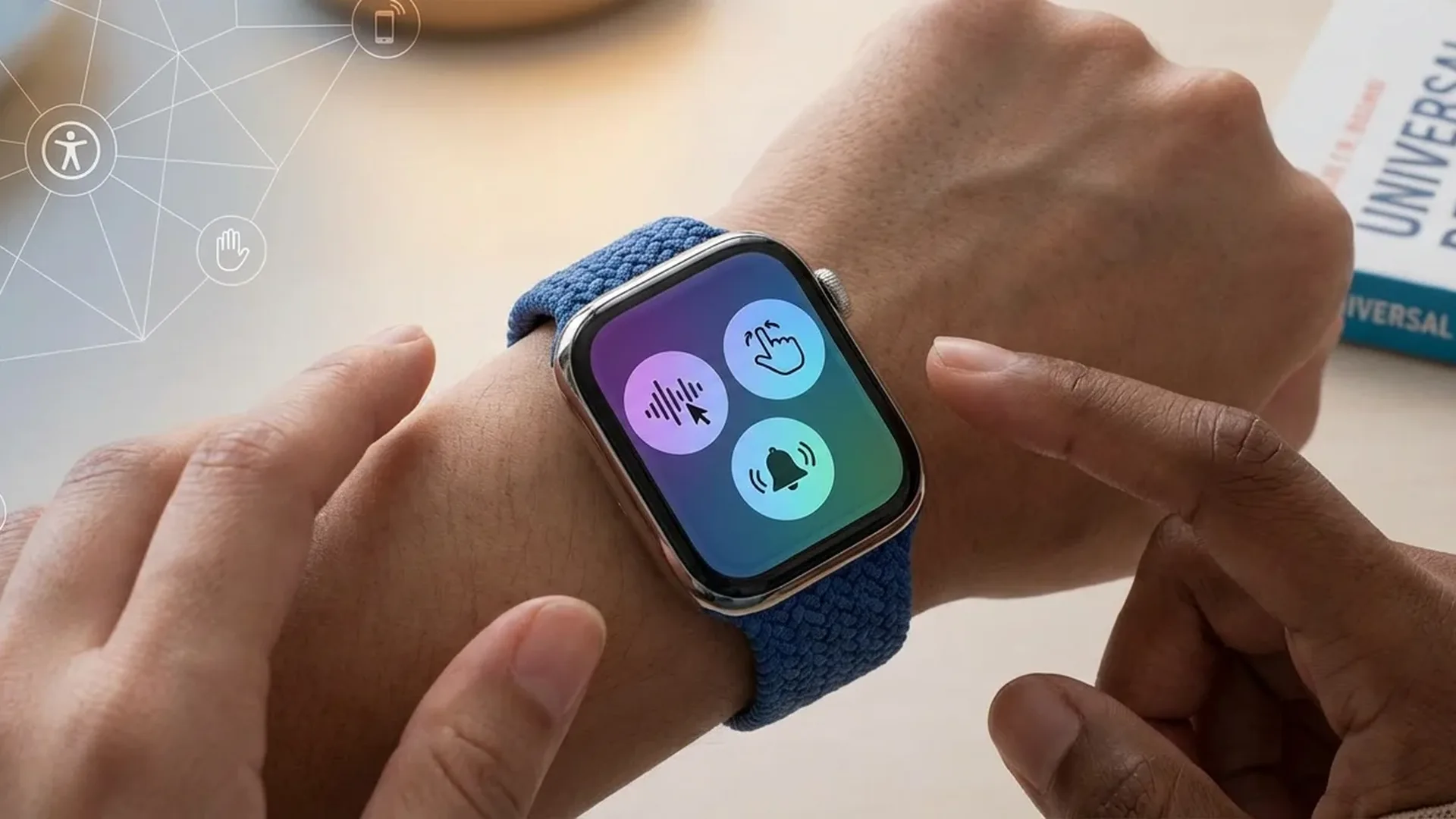 Λειτουργίες προσβασιμότητας watchOS 26 σε Apple Watch με VoiceOver και AssistiveTouch ενεργοποιημένα