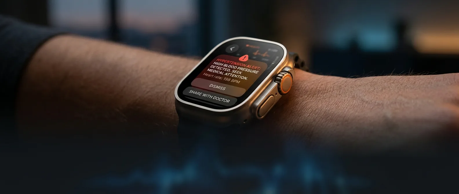 Apple Watch Ultra 3 displaying FDA-approved hypertension alert notification on screen