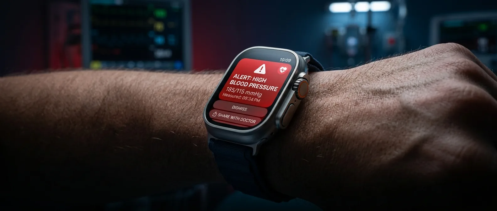Apple Watch displaying hypertension alert notification on screen with health data
