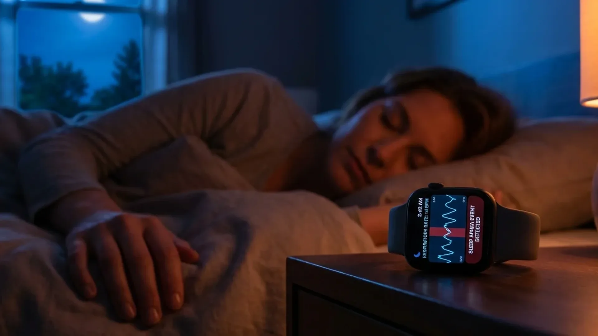 Apple Watch displaying sleep apnea detection interface with breathing pattern analysis and health notifications