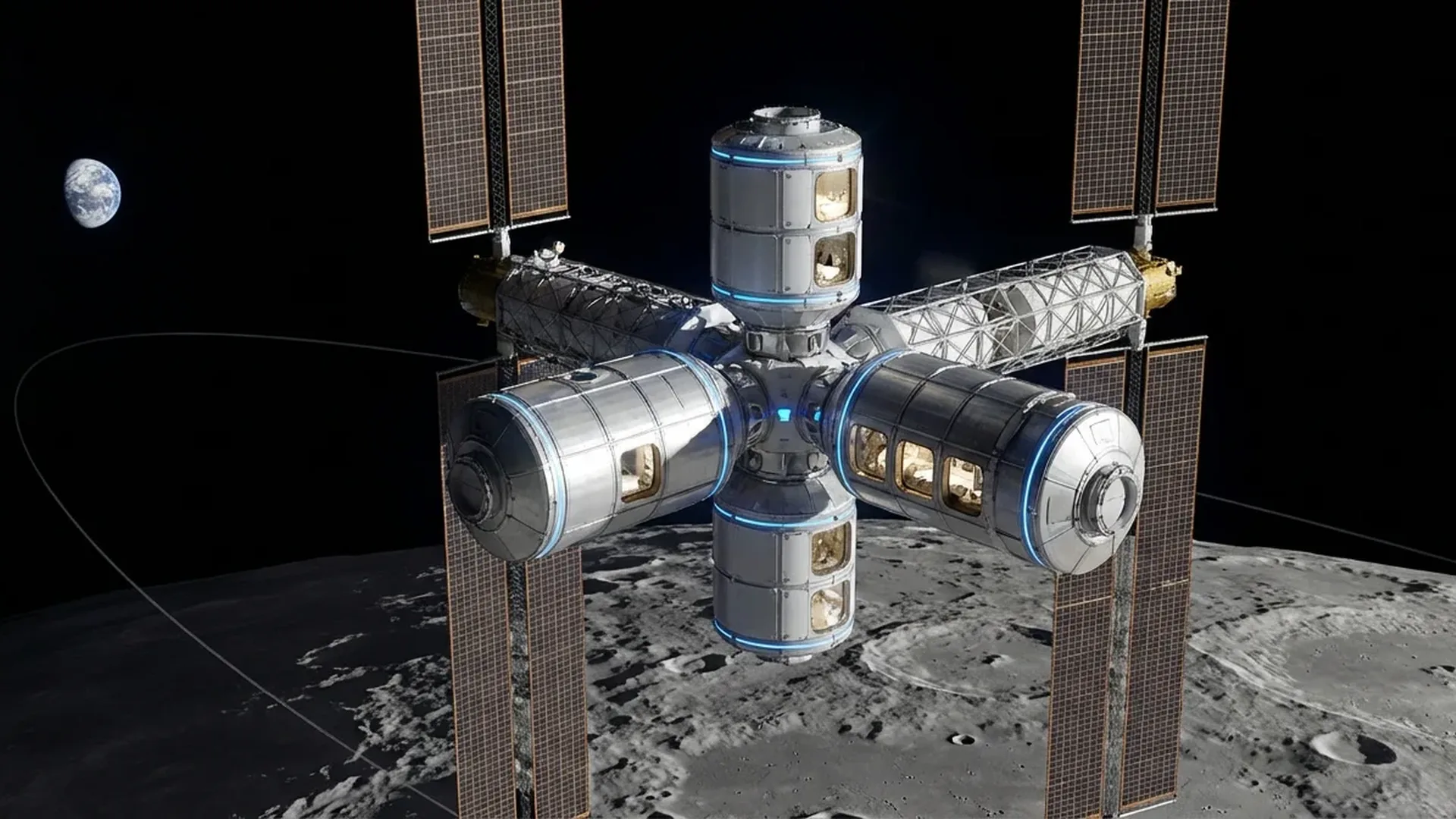 Conceito artístico da estação Lunar Gateway orbitando a Lua com painéis solares e módulos habitacionais