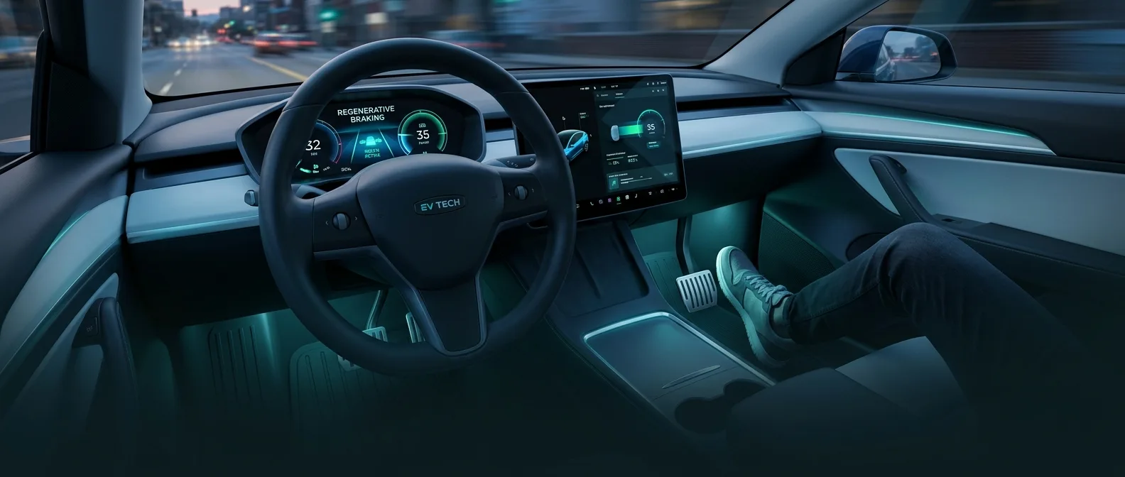 Demonstração da condução com um pedal em carro elétrico, mostrando pedal do acelerador e sistema de frenagem regenerativa