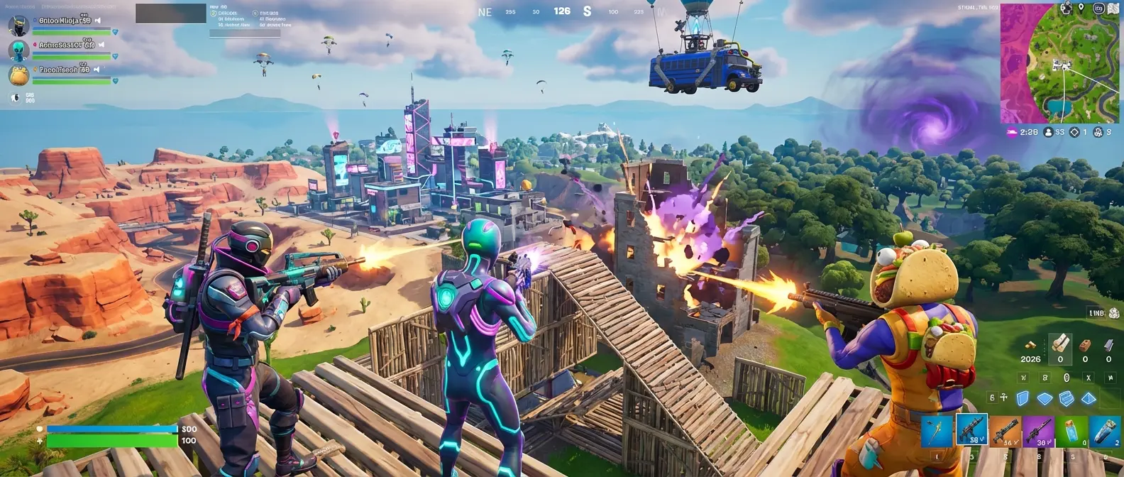 Fortnite Chapter 5 gameplay showcasing new building mechanics and weapons