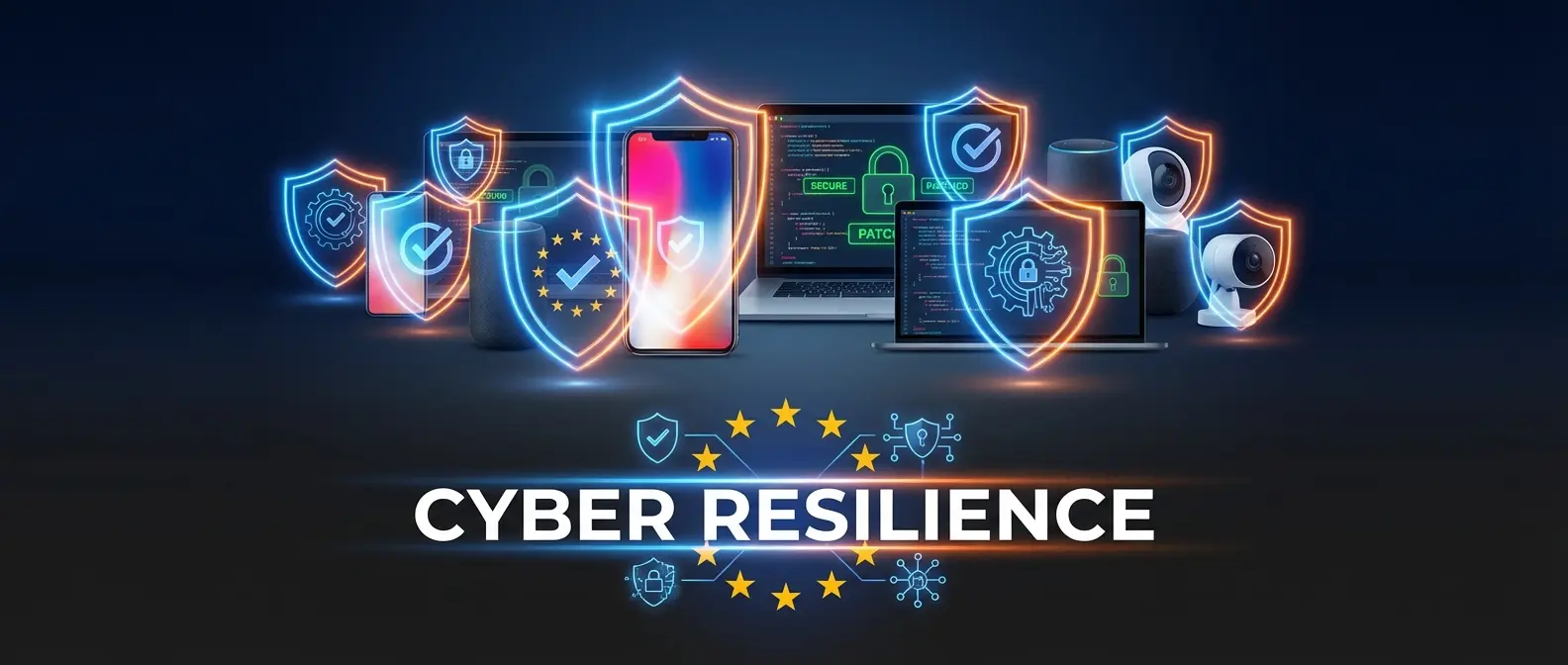 EU flag with digital security symbols representing the Cyber Resilience Act's impact on consumer devices