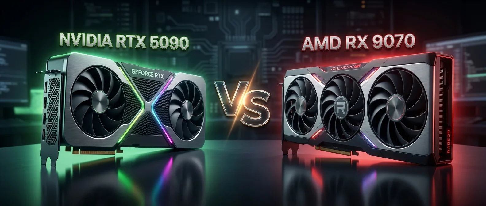 RTX 5090 and RX 9070 XT graphics cards side by side comparison showing performance benchmarks and specifications