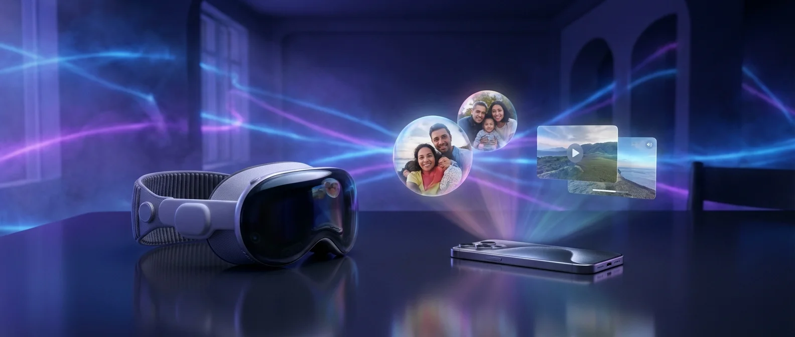 Apple Vision Pro headset συνδεδεμένο με iPhone για spatial computing και mixed reality εμπειρία