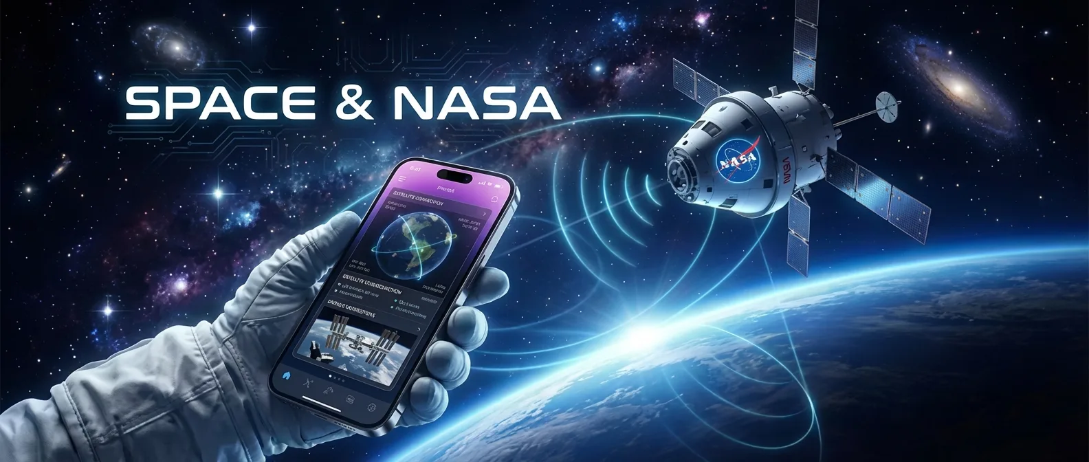 NASA astronaut using iPhone during space mission with satellite communication technology
