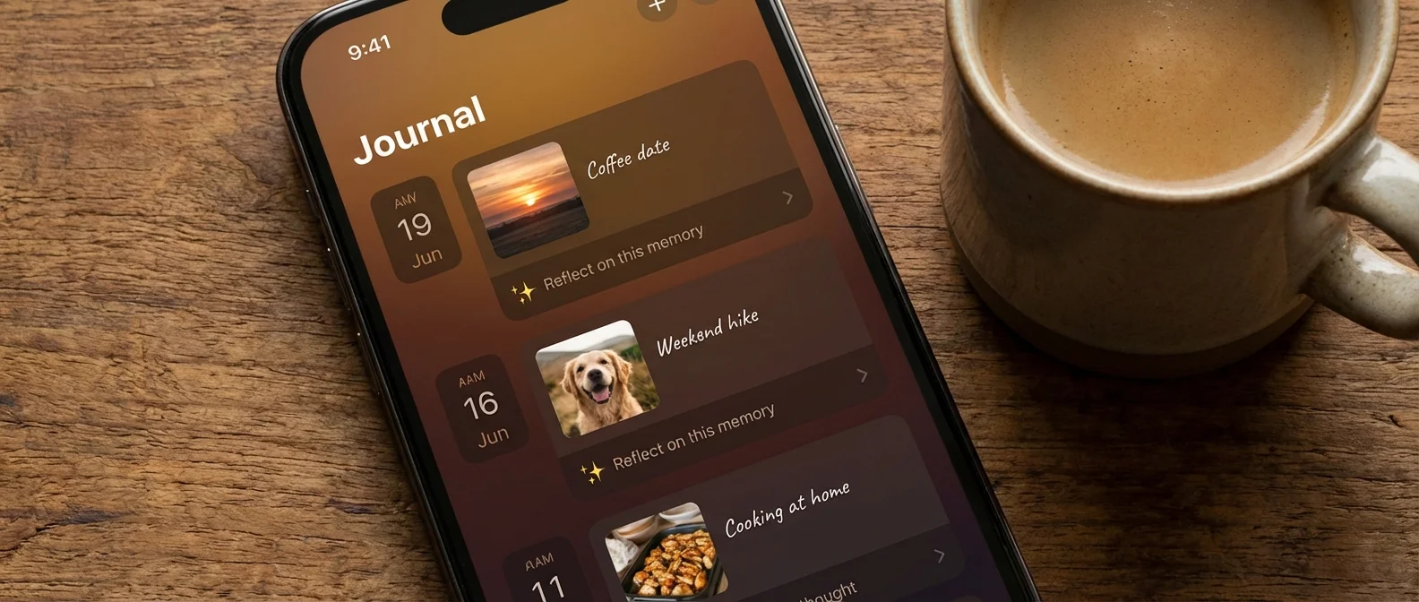 Journal App iPhone interface με AI προτάσεις και πολλαπλά ημερολόγια στο iOS 26
