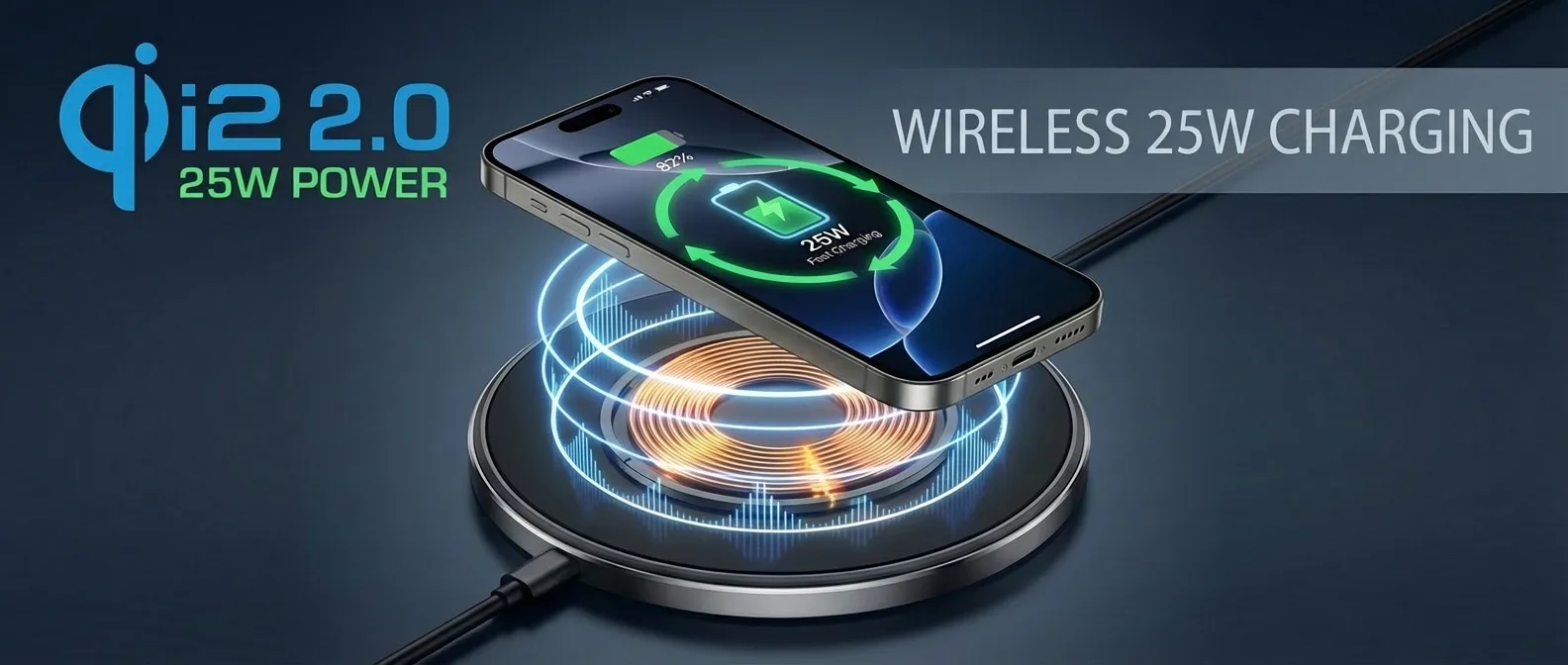 Qi2.2 25W wireless charging pad with iPhone showing fast charging speeds and magnetic alignment