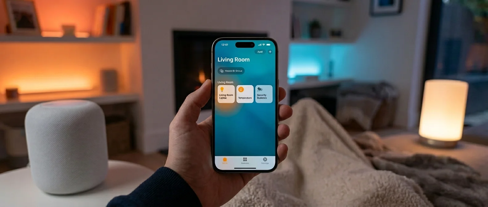 iPhone ελέγχει smart home με HomeKit και HomePod στο σαλόνι
