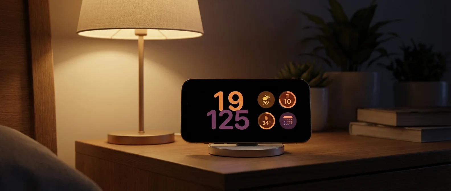 StandBy Mode iPhone σε κάθετη θέση με widgets ρολογιού και καιρού στο κομοδίνο