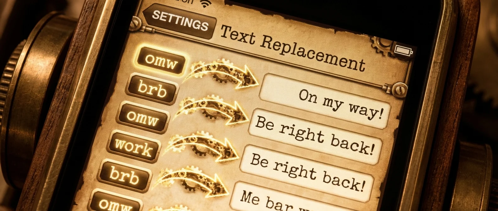 Οθόνη ρυθμίσεων iPhone που δείχνει τη δημιουργία text shortcuts και αντικαταστάσεων κειμένου