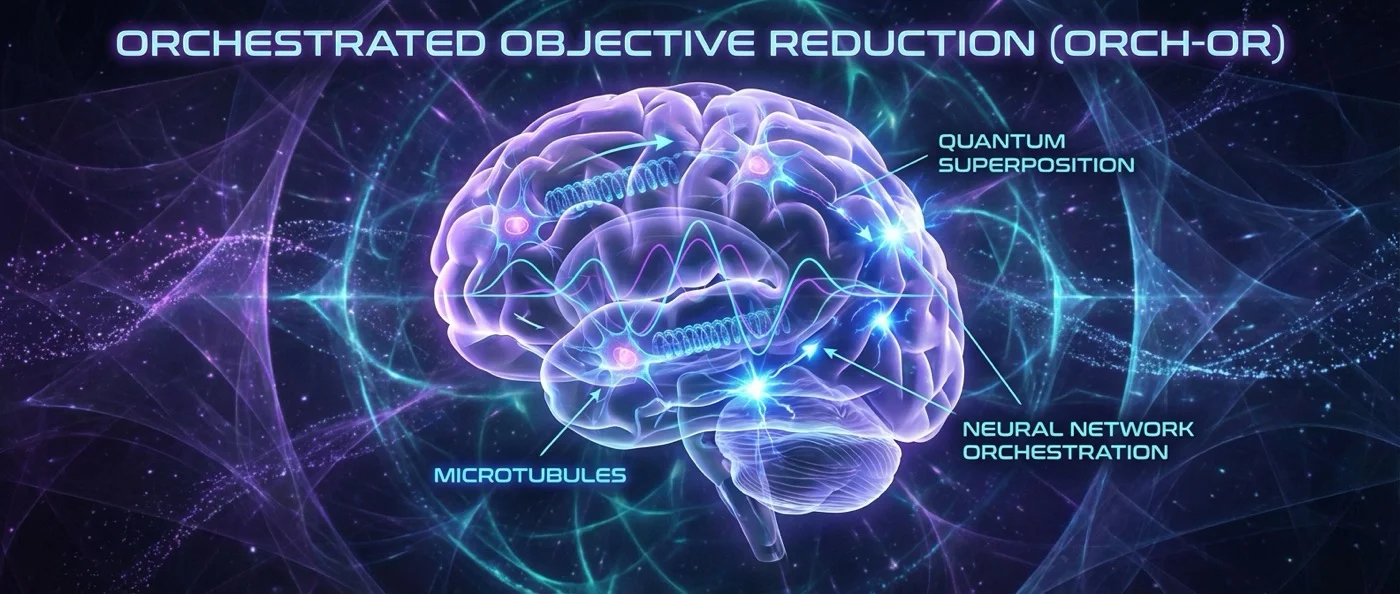 Illustration des microtubules neuronaux et des effets quantiques dans le cerveau selon la théorie Orch-OR de Penrose et Hameroff