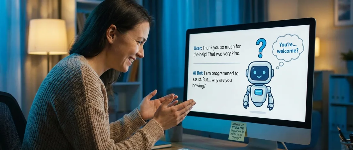 Άνθρωπος που λέει ευχαριστώ σε chatbot AI σε smartphone