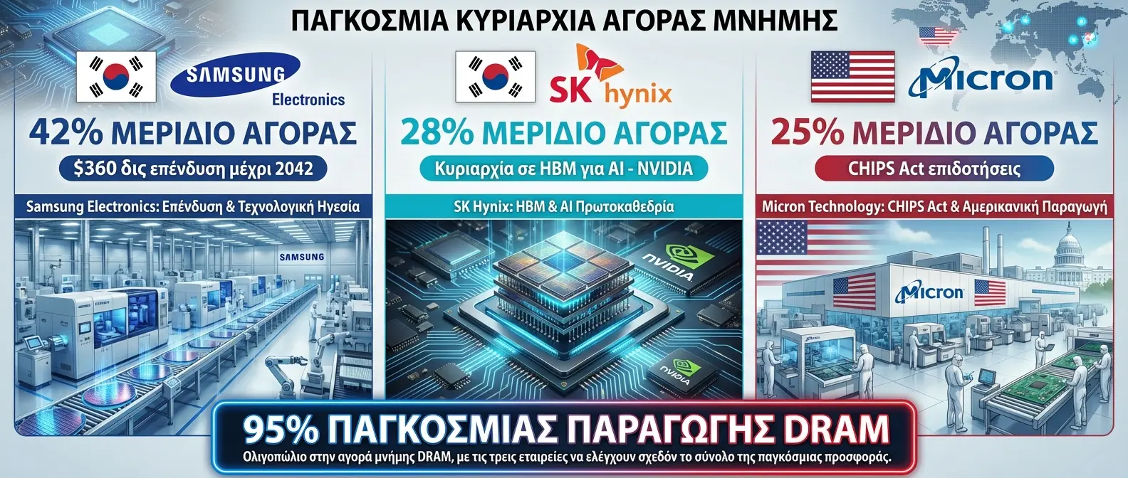 Market share chart showing Samsung 42%, SK Hynix 28%, Micron 25% dominance