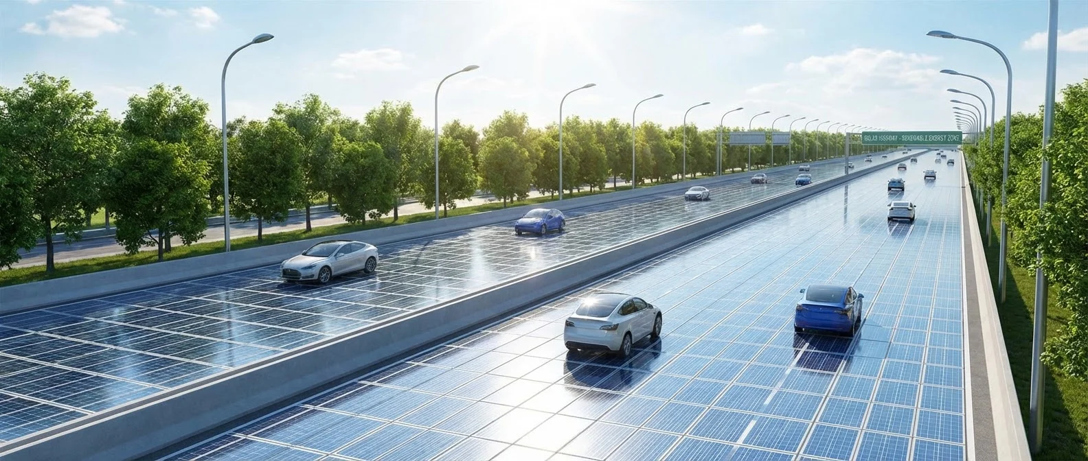 Solarstraßen-Prototyp mit integrierten Photovoltaik-Modulen und LED-Markierungen auf Testfahrbahn
