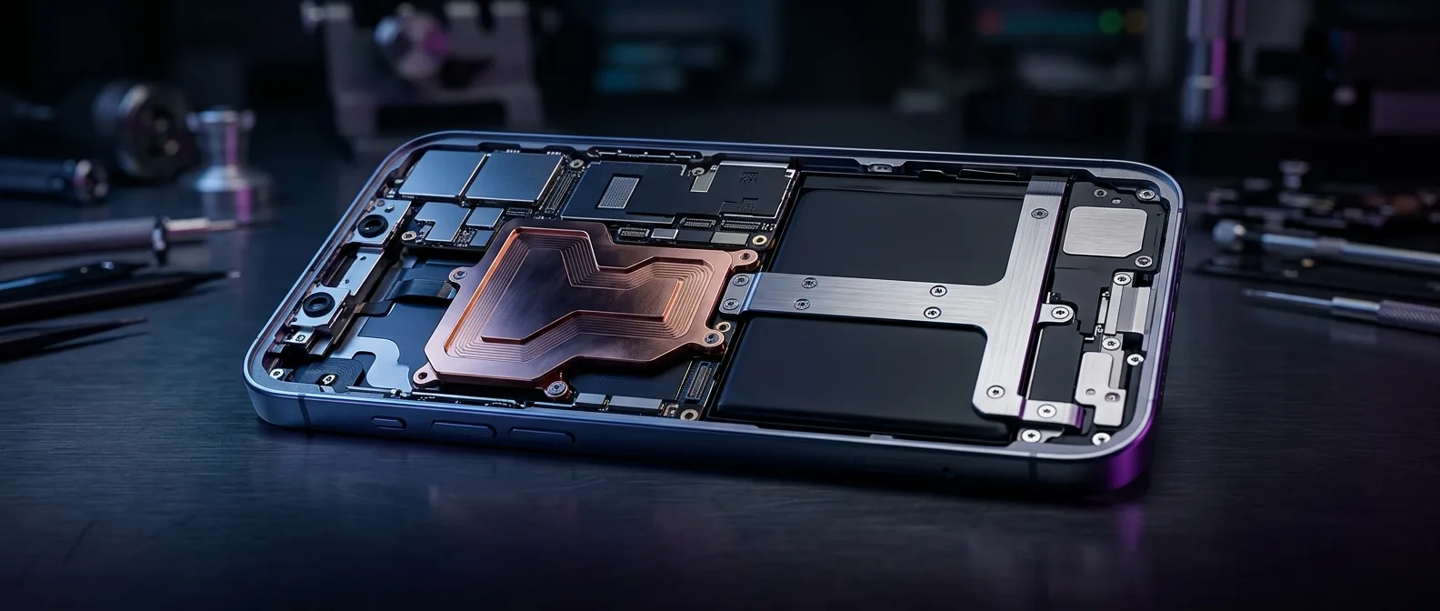 iPhone 17 Pro Max ανοιγμένο που δείχνει την επισκευασιμότητα με vapor chamber και μπαταρία με βίδες