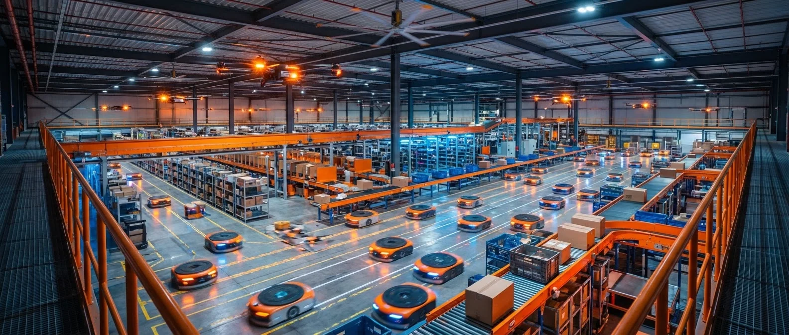 Αυτόνομα ρομπότ AMR και AGV σε σύγχρονη αποθήκη logistics με αυτοματοποιημένα συστήματα