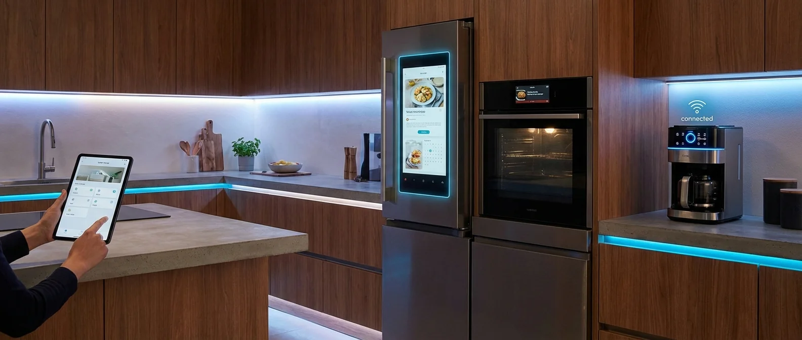 Μοντέρνα smart κουζίνα με έξυπνες συσκευές και touchscreen οθόνες