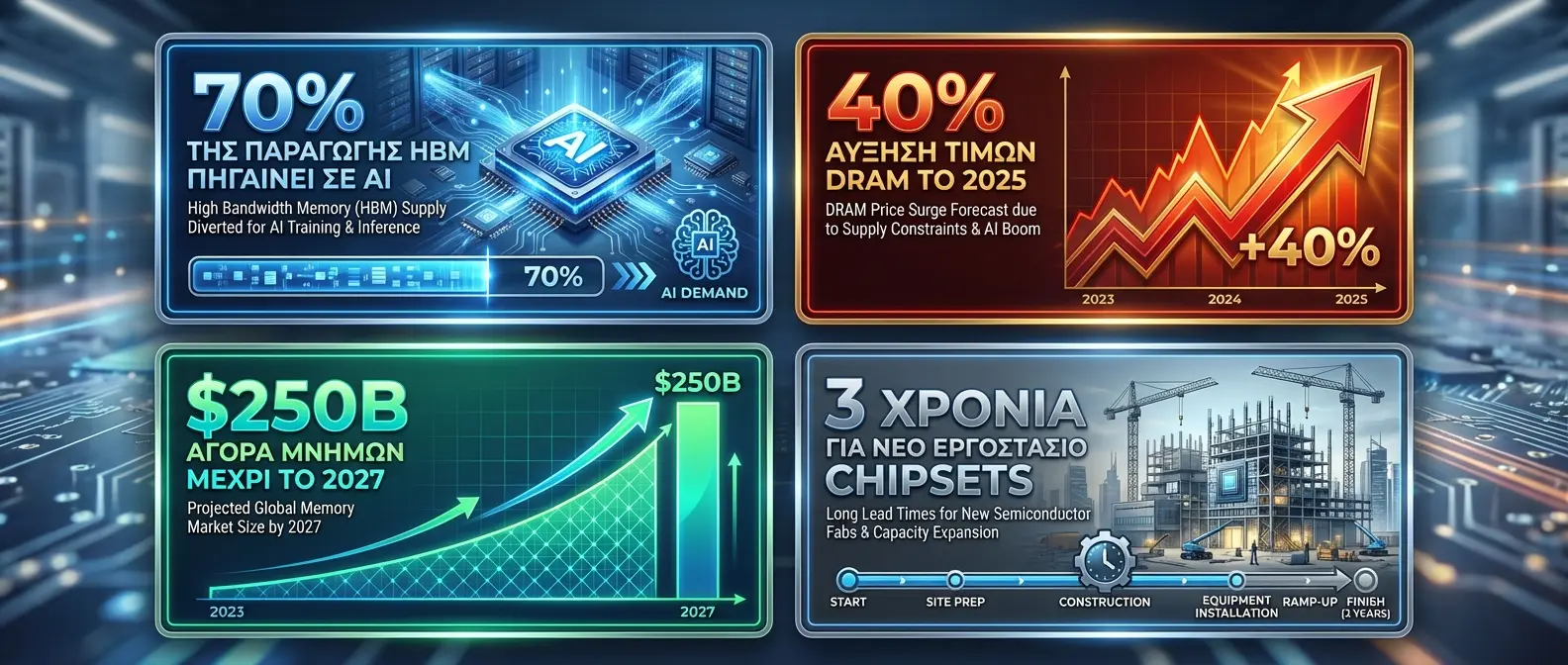 Infographic showing 70% AI consumption and 40% DRAM price increase statistics