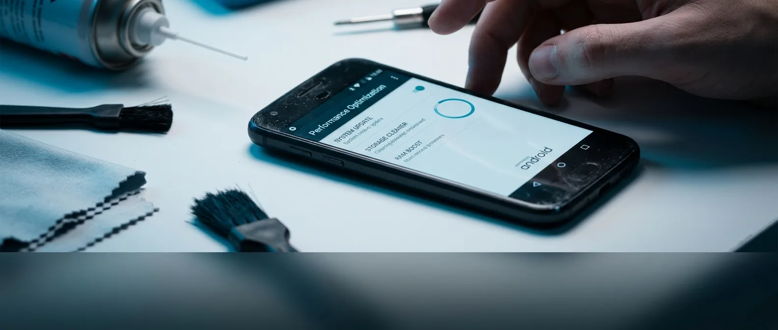 Παλιό Android κινητό με εικονίδια βελτιστοποίησης και εργαλεία επιδιόρθωσης για μεγαλύτερη διάρκεια ζωής