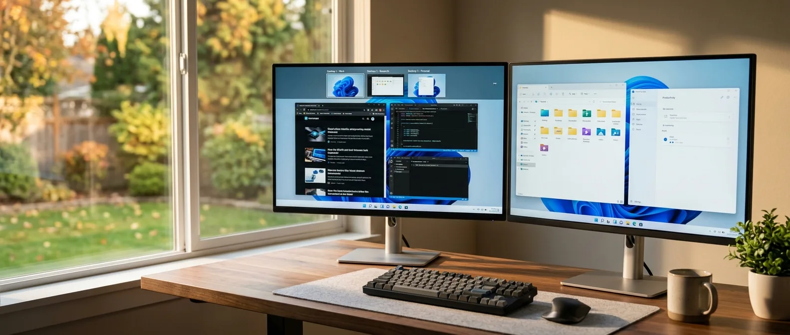 Windows 11 Virtual Desktops interface με πολλαπλά desktops για διαχωρισμό εργασίας